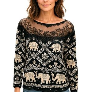 Black White Elephant Print Blouse Embroidered Mesh Womens SZ XXL See Description